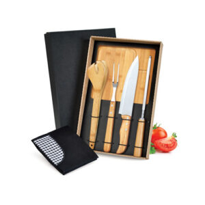 SMME704813 - Kit para churrasco em bambu/inox com avental - 6 PÇS