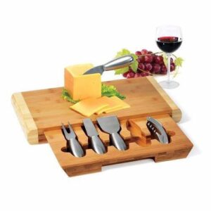 PD-700863 - Conjunto para Queijo e Vinho 5 Peças INOX com Base em Bambu Welf